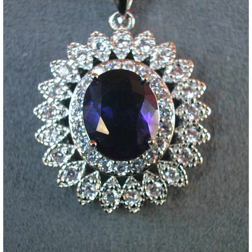 Sterling Silver Bale,  Blue Glass Center & Diamond Halo Pendant Necklace